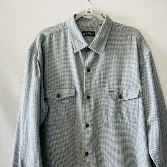 Orvis Mens Blue Long Sleeve Houndstooth Preppy Carear Button Up Shirt Size XLT - Picture 2 of 10